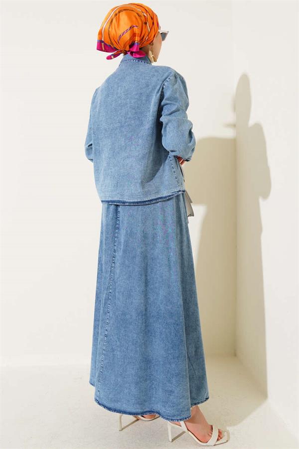 Pocket Buttoned Skirt Denim 2 Piece Set Light Blue