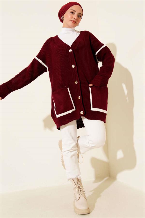 Gold Buttoned Knit Cardigan with Pockets, Burgundy