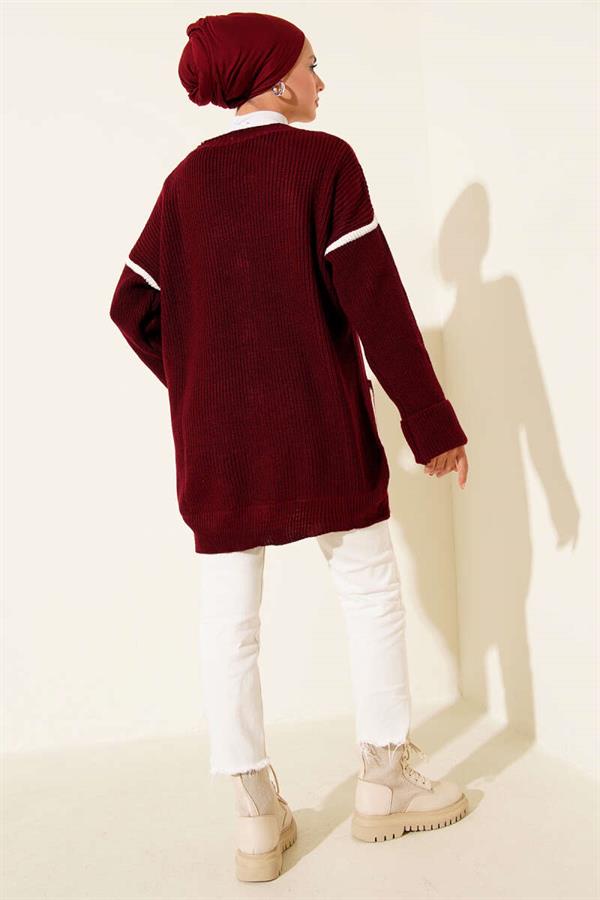 Gold Buttoned Knit Cardigan with Pockets, Burgundy