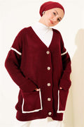 Gold Buttoned Knit Cardigan with Pockets, Burgundy