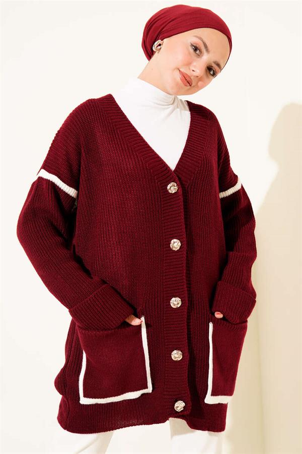 Gold Buttoned Knit Cardigan with Pockets, Burgundy