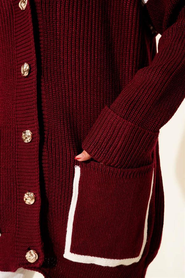 Gold Buttoned Knit Cardigan with Pockets, Burgundy