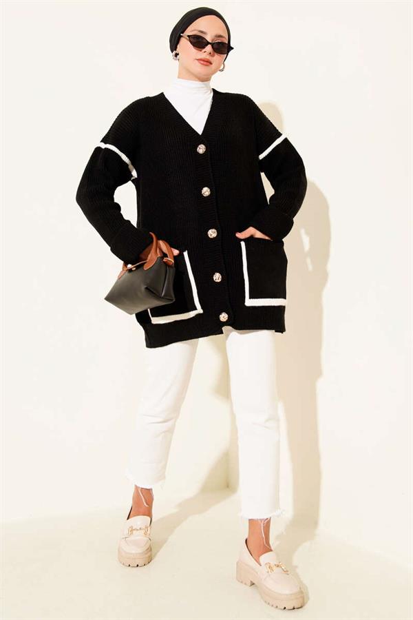 Gold Buttoned Knit Cardigan with Pockets, Black