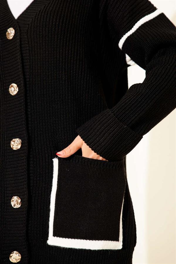 Gold Buttoned Knit Cardigan with Pockets, Black
