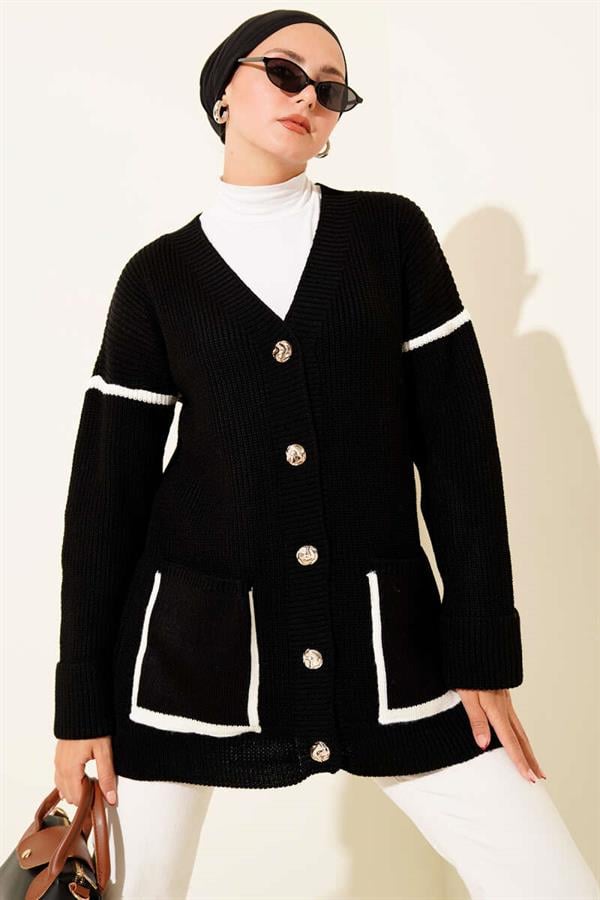 Gold Buttoned Knit Cardigan with Pockets, Black