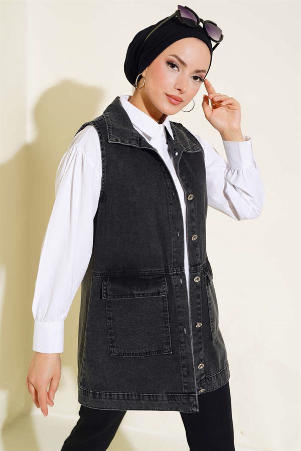 Denim Vest with Pocket and Flap Smoke