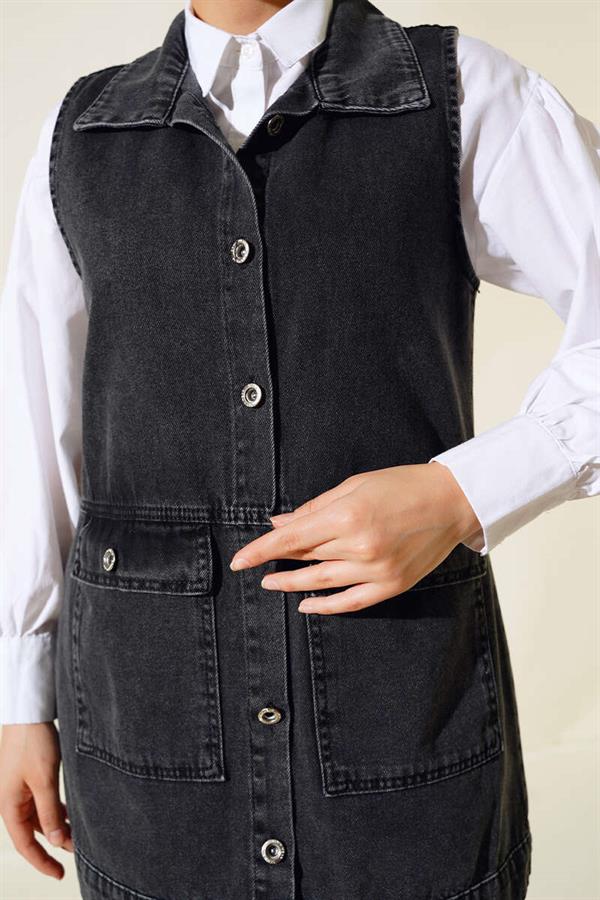Denim Vest with Pocket and Flap Smoke