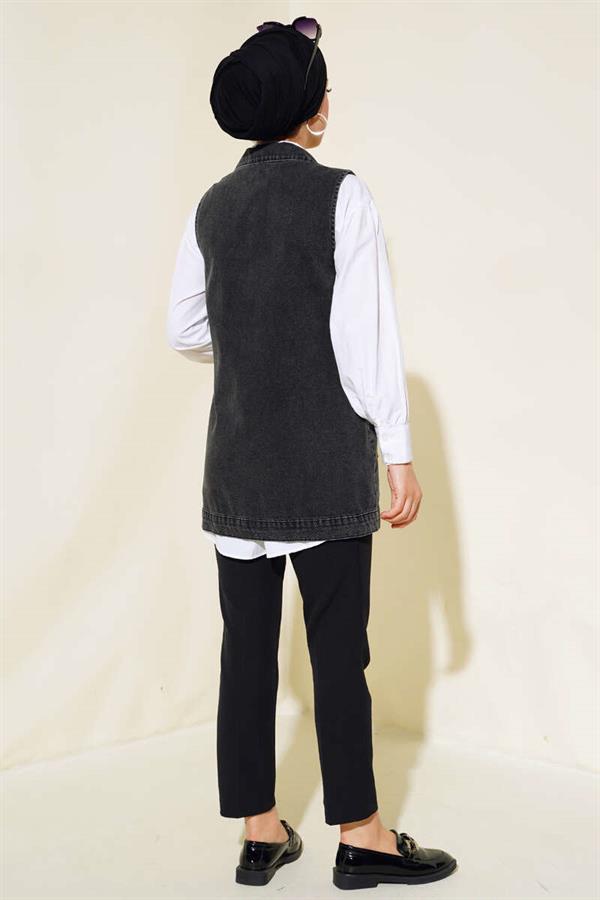 Denim Vest with Pocket and Flap Smoke