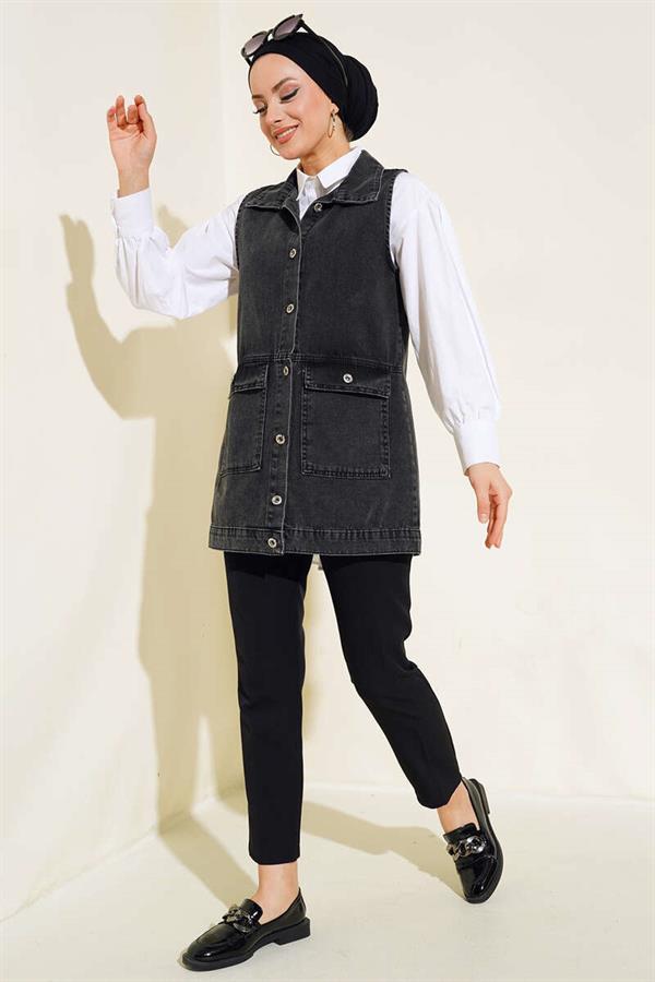 Denim Vest with Pocket and Flap Smoke