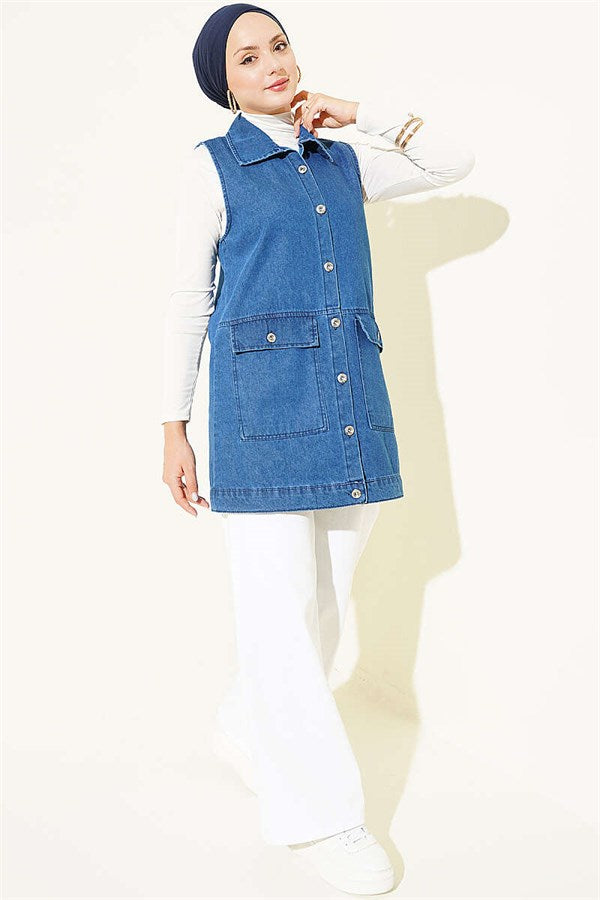 Denim Vest with Pockets and Flap Closure, Blue