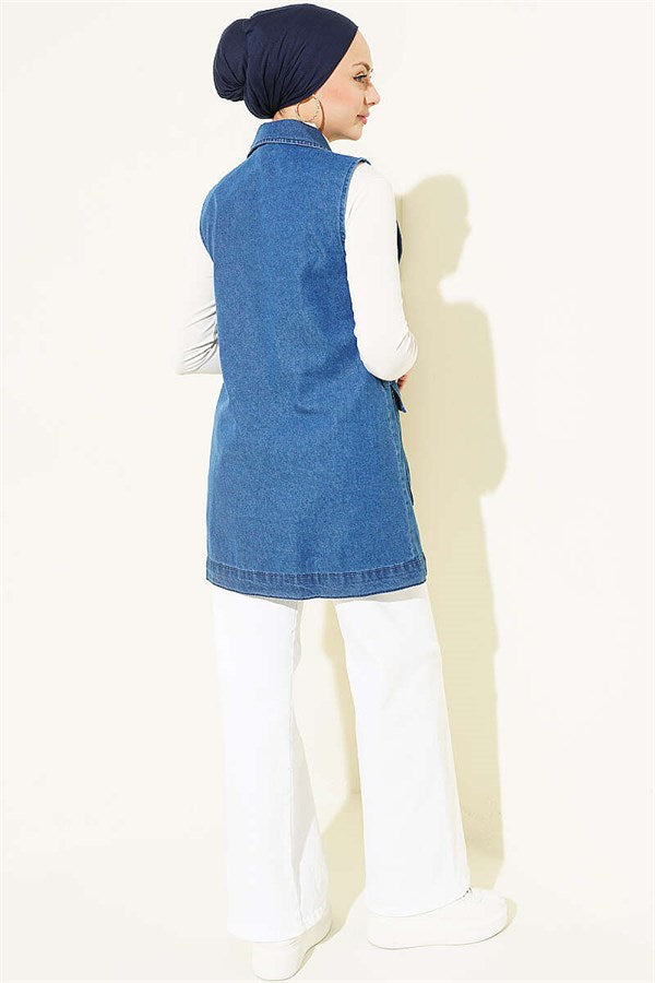 Denim Vest with Pockets and Flap Closure, Blue