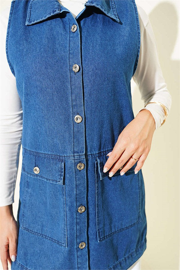 Denim Vest with Pockets and Flap Closure, Blue