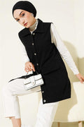 Denim Vest with Pocket and Flap, Black