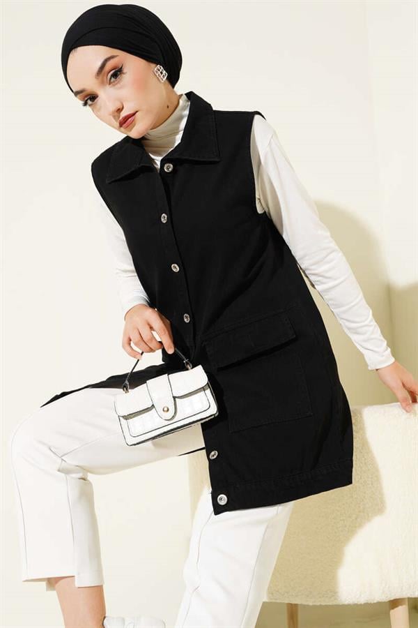 Denim Vest with Pocket and Flap, Black