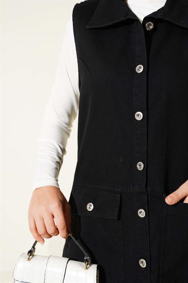 Denim Vest with Pocket and Flap, Black