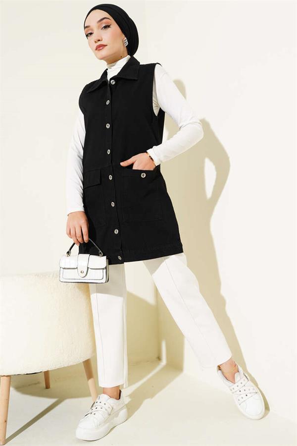 Denim Vest with Pocket and Flap, Black