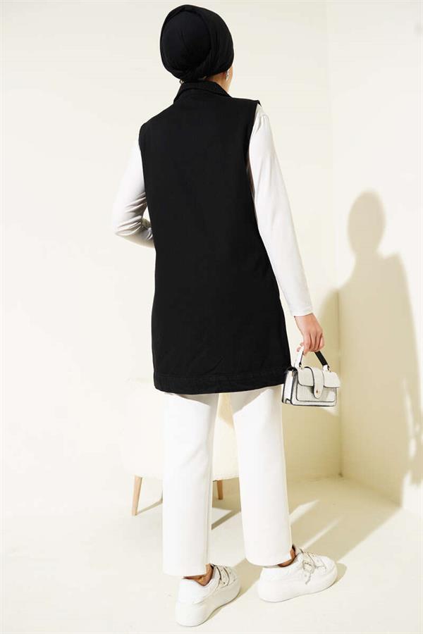 Denim Vest with Pocket and Flap, Black