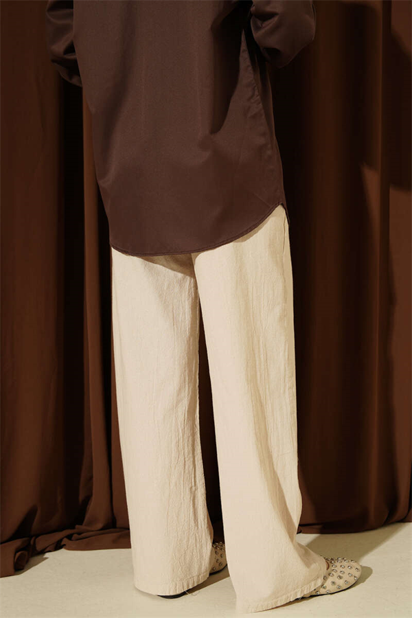 Linen Wide Leg Trousers with Pockets, Beige