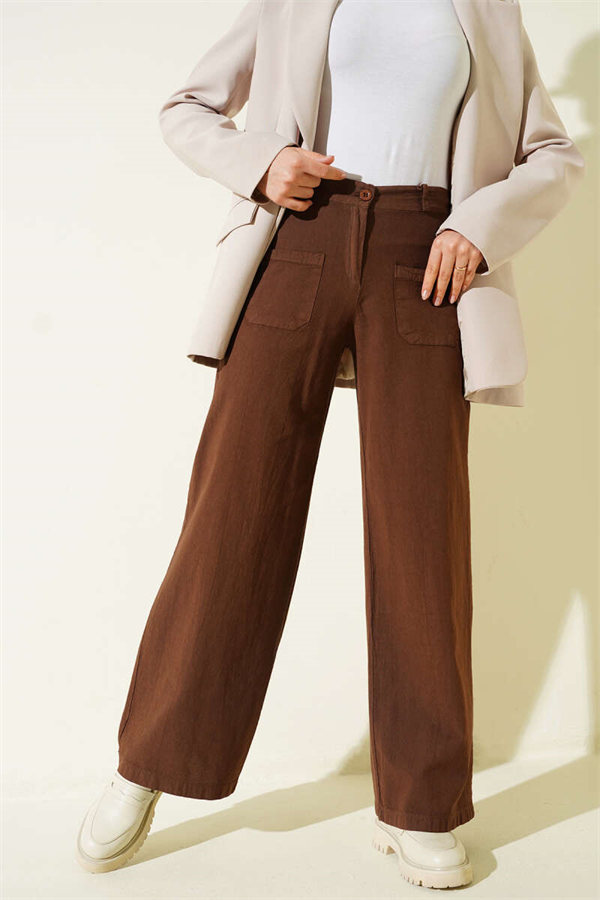 Linen Wide Leg Trousers with Pockets, Brown