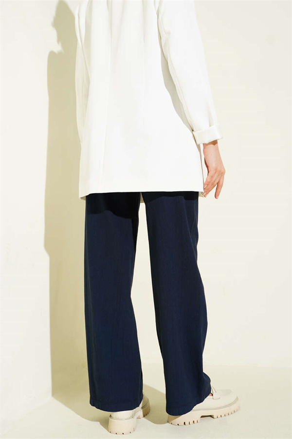 Navy Blue Wide-Leg Linen Trousers with Pockets