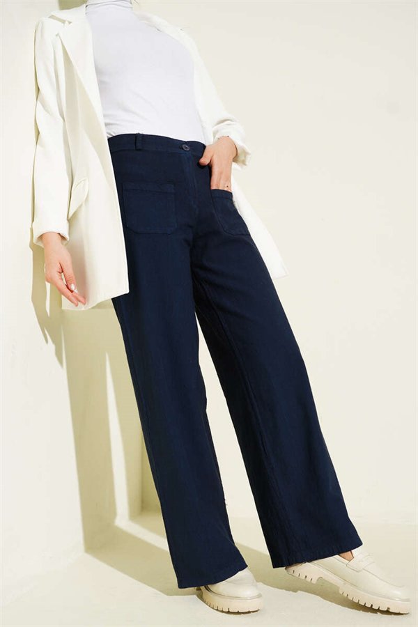 Navy Blue Wide-Leg Linen Trousers with Pockets