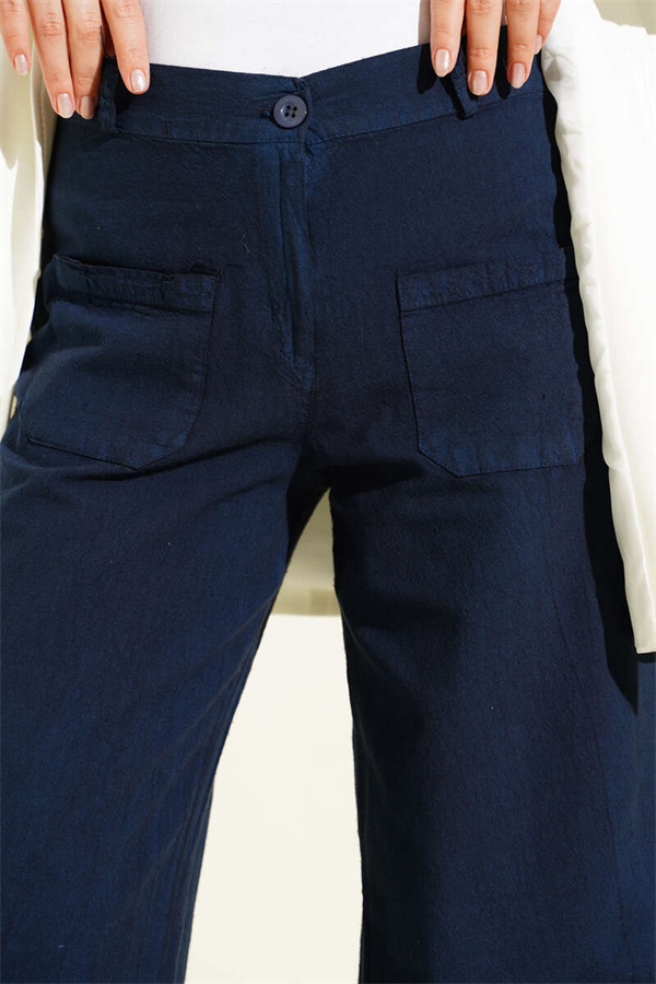Navy Blue Wide-Leg Linen Trousers with Pockets