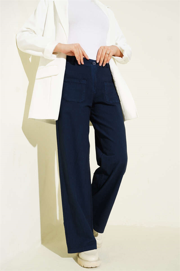 Navy Blue Wide-Leg Linen Trousers with Pockets