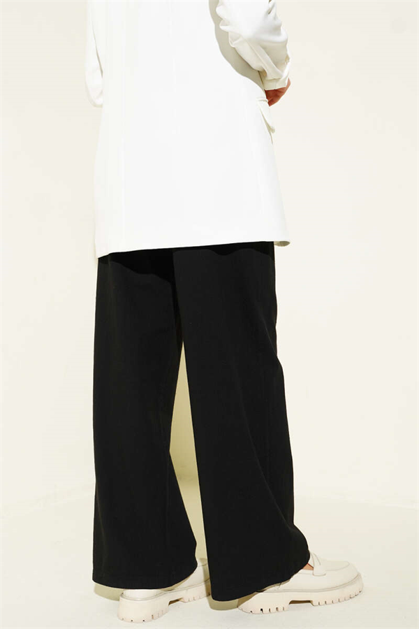 Linen Wide Leg Trousers with Pockets, Black