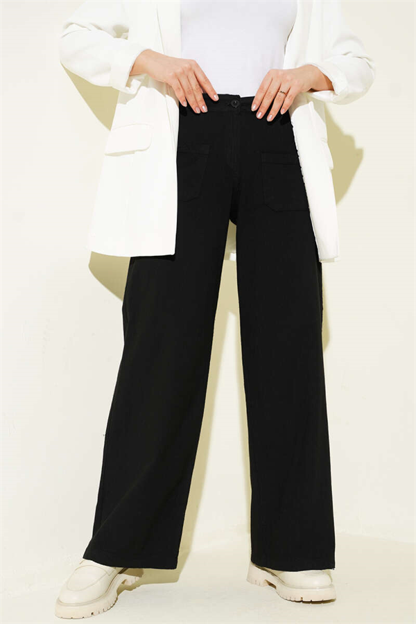 Linen Wide Leg Trousers with Pockets, Black