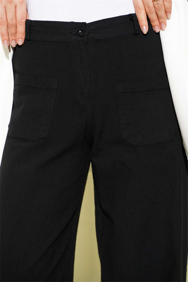 Linen Wide Leg Trousers with Pockets, Black