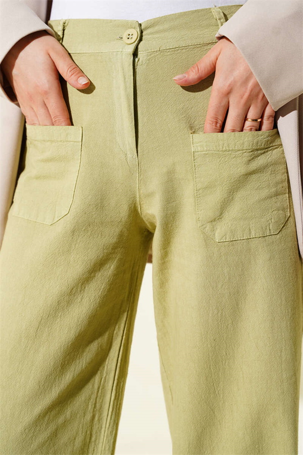 Linen Wide Leg Trousers with Pockets, Olive Green