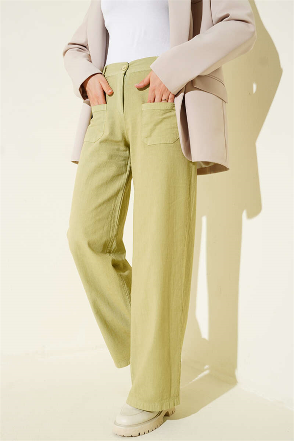 Linen Wide Leg Trousers with Pockets, Olive Green