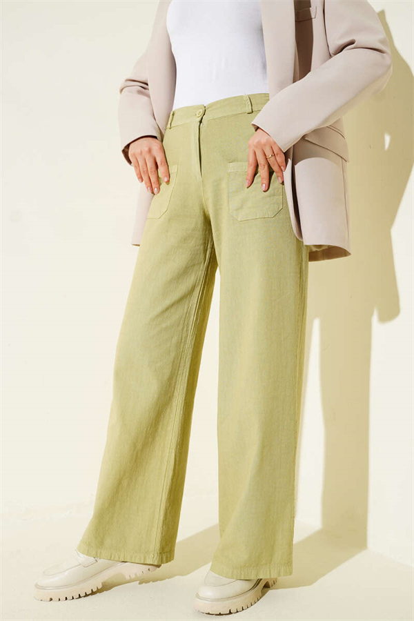 Linen Wide Leg Trousers with Pockets, Olive Green