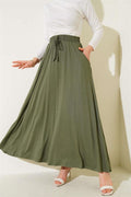 Flared Elastic Waist Skirt with Pockets Khaki