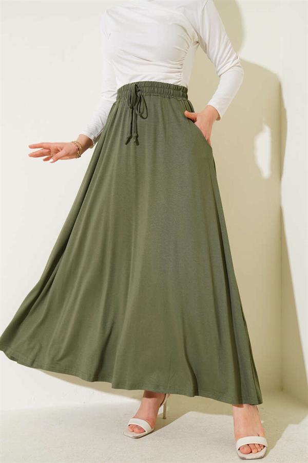 Flared Elastic Waist Skirt with Pockets Khaki