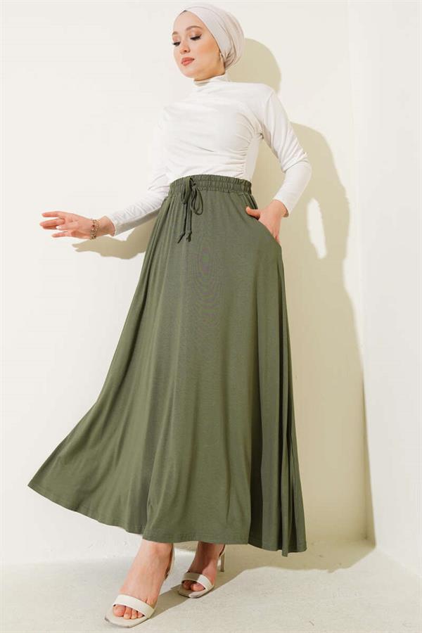 Flared Elastic Waist Skirt with Pockets Khaki