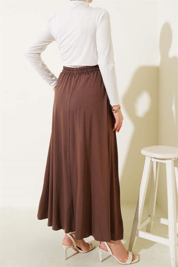 Pocketed Flared Elastic Waist Skirt Brown