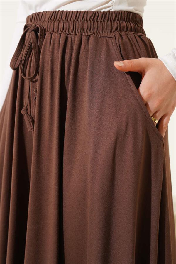 Pocketed Flared Elastic Waist Skirt Brown