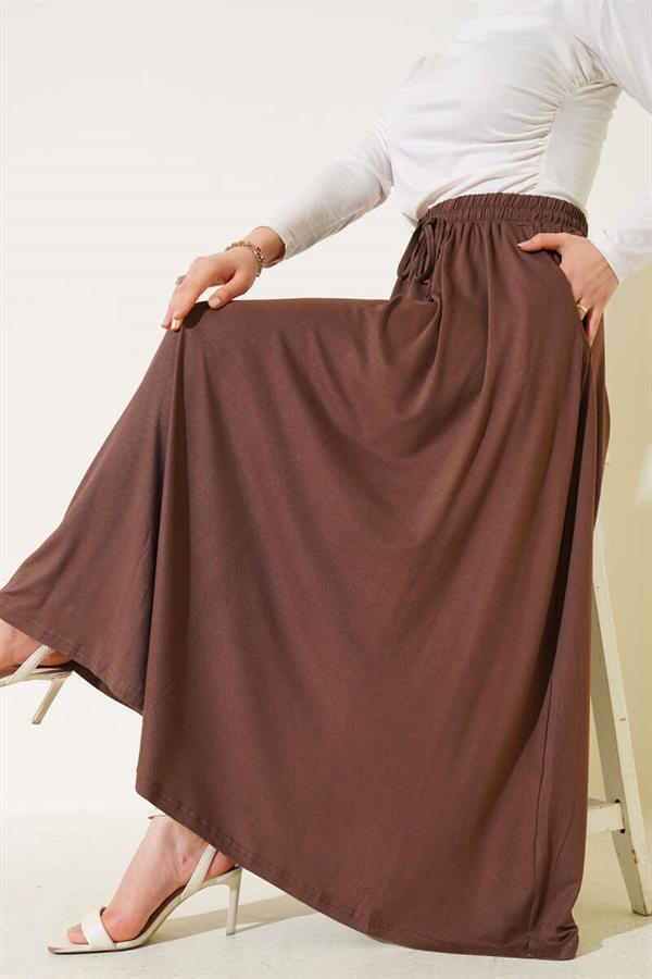 Pocketed Flared Elastic Waist Skirt Brown