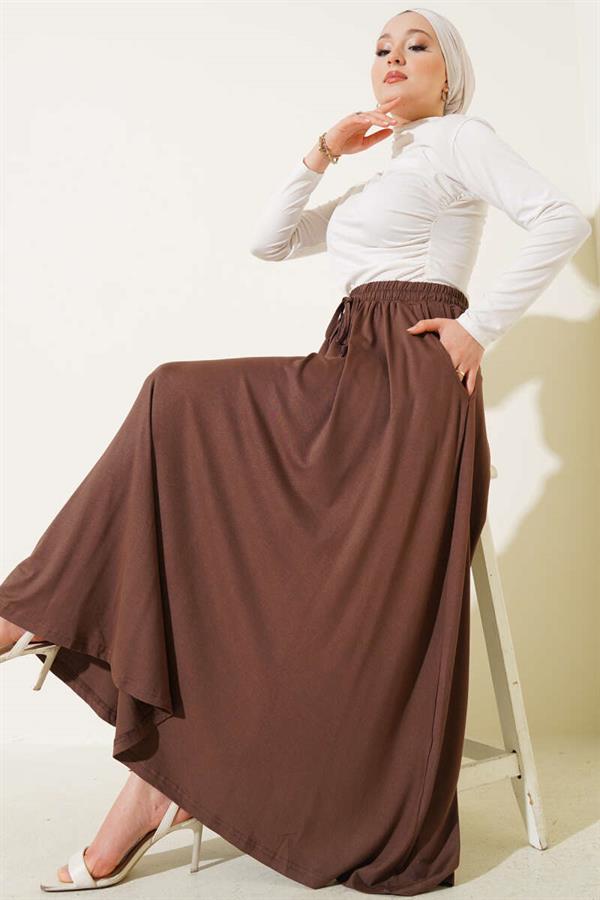 Pocketed Flared Elastic Waist Skirt Brown