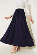 Flared Elastic Waist Skirt with Pockets Navy Blue