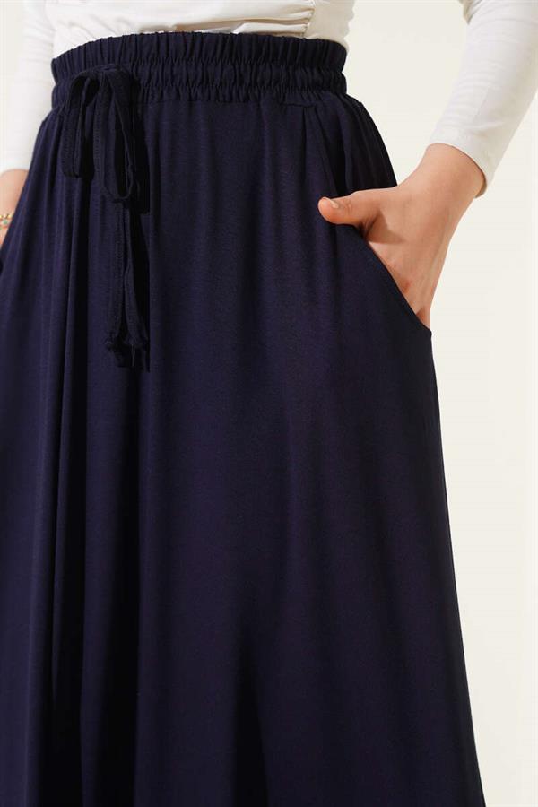 Flared Elastic Waist Skirt with Pockets Navy Blue