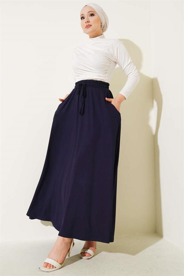 Flared Elastic Waist Skirt with Pockets Navy Blue