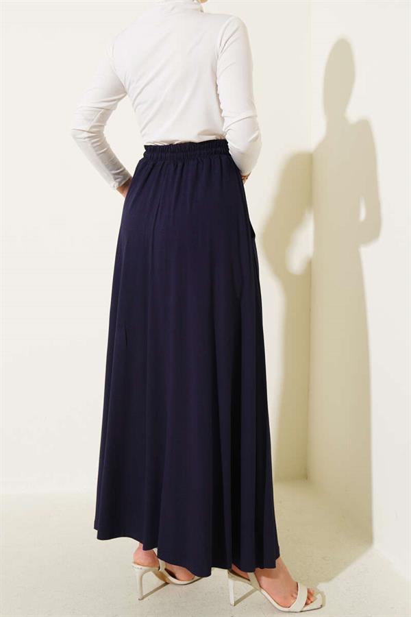 Flared Elastic Waist Skirt with Pockets Navy Blue
