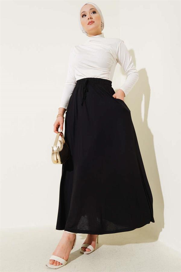 Pocketed Flared Elastic Waist Skirt Black