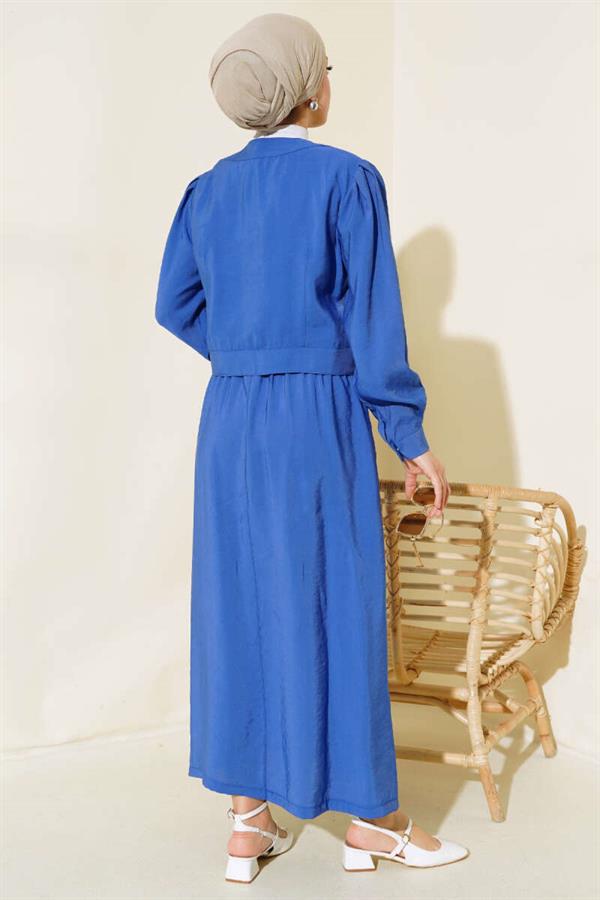 Pocket Metal Buttoned Skirted 2 Piece Set Indigo