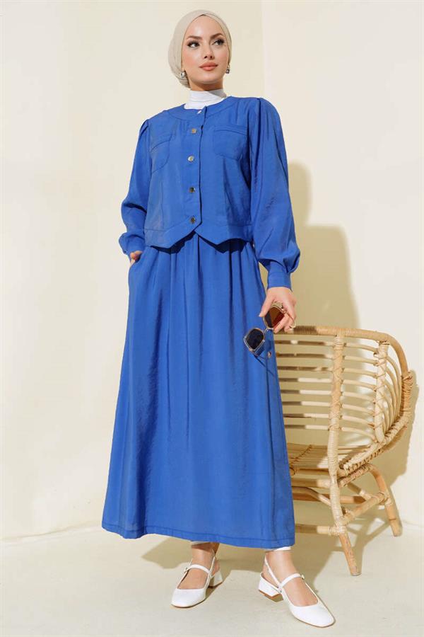 Pocket Metal Buttoned Skirted 2 Piece Set Indigo