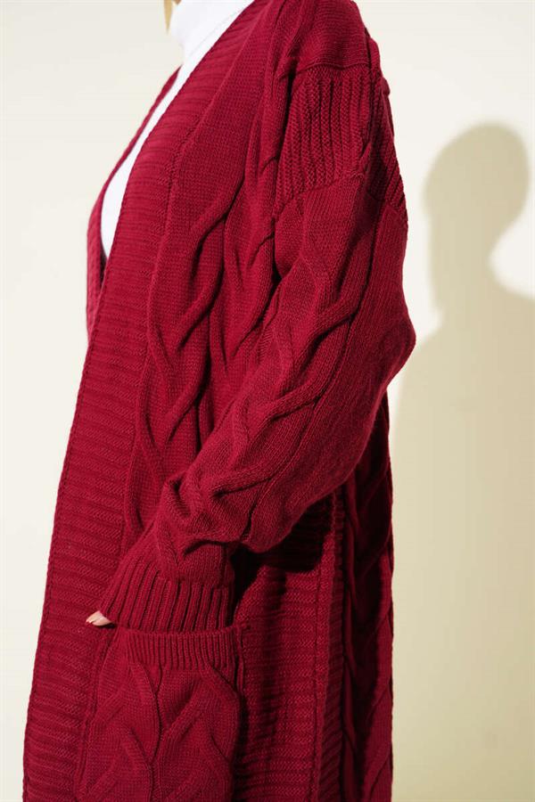 Long Cardigan with Pocket and Knitted Pattern, Burgundy