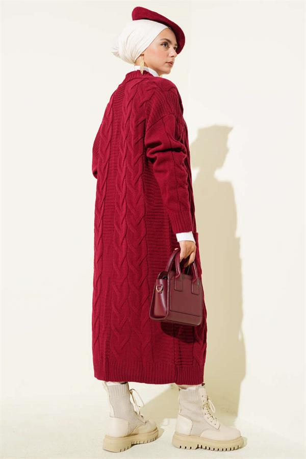 Long Cardigan with Pocket and Knitted Pattern, Burgundy