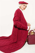 Long Cardigan with Pocket and Knitted Pattern, Burgundy